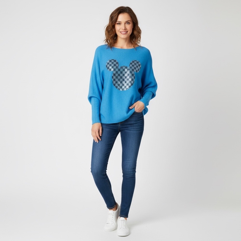 Christina Blue Checker Mickey-Print Women's Sweater cashmere